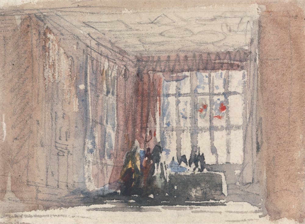 Ett Tudorrum med figurer, möjligen Hardwick Hall eller Haddon Hall av David Cox