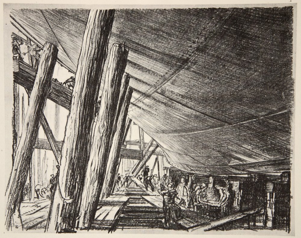 Under ett fartyg, illustration från "The Western Front", utgiven av Country Life Ltd av David Muirhead Bone