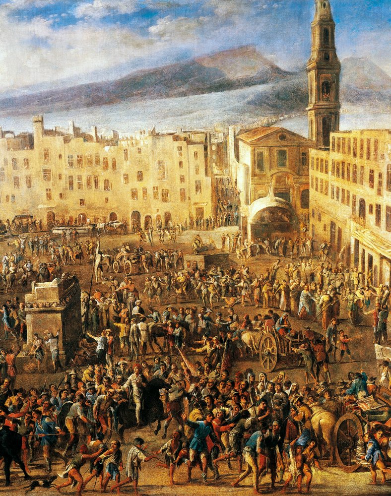 Piazza del Mercato i Neapel, detalj från Masaniellos revolt, av Domenico Gargiulo känd som Micco Spadaro (1609 eller 1610 - ca1675), målning. av Domenico (1612-75) Gargiulo