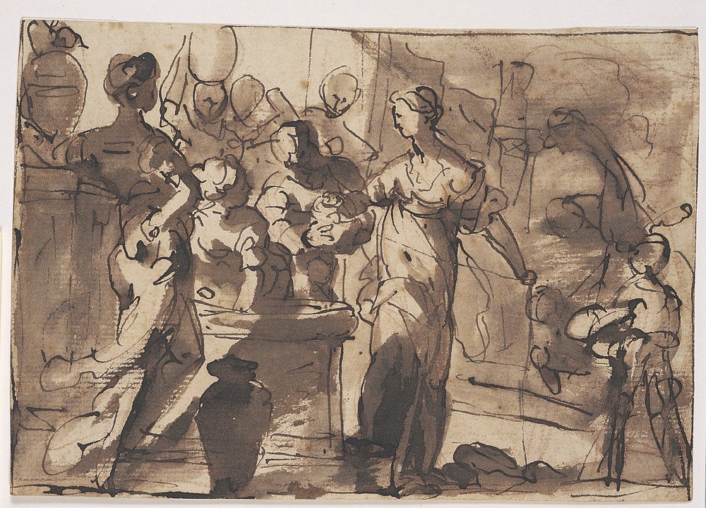 Eliezer och Rebecca vid brunnen i staden Nahor av Domenico Piola