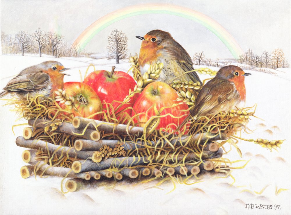 Robins with Apples, 1997 (akryl på duk) av E.B. Watts