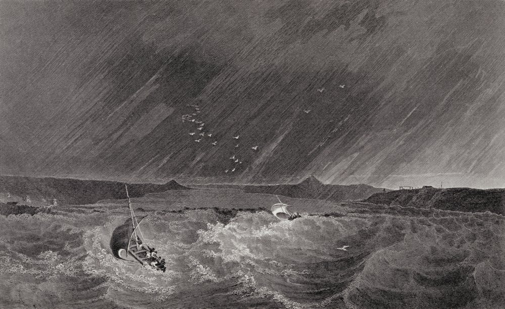 Båtar som söker skydd från en storm i Refuge Cove, natten till den 7 juli 1926, från "Narrative of a Second Expedition to the Shores of the Polar Sea in the Years 1825-27" av Sir John Franklin (1786-18). av E.N. Kendall