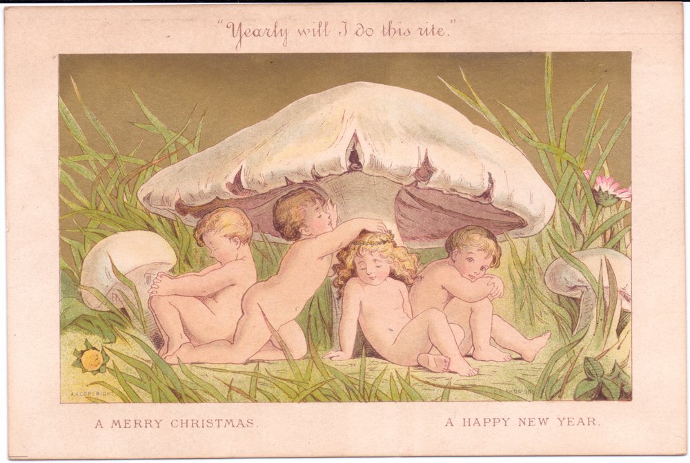 Ett viktorianskt jul- och nyårskort av en grupp älvabarn som kopplar av under en svamp, allt mot en guldbakgrund, av Gertrude Thompson, c.1895 (färg litho) av E. Gertrude Thompson