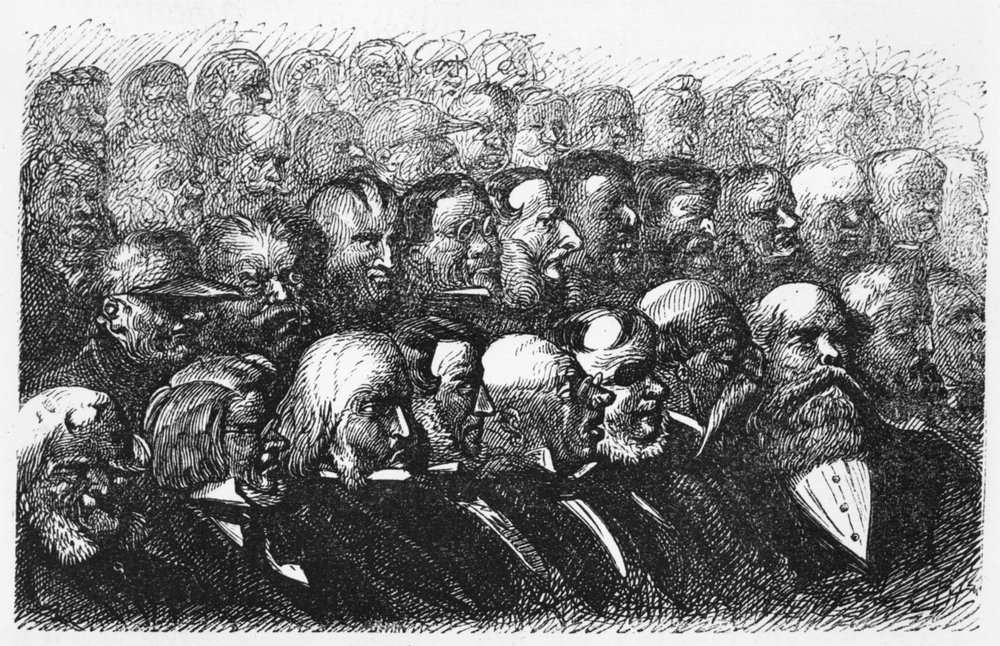 Medlemmarna av London Royal Geographic Society, illustration från "Fem veckor i en ballong" av Jules Verne (1828-1905) Paris, Hetzel av Edouard Riou