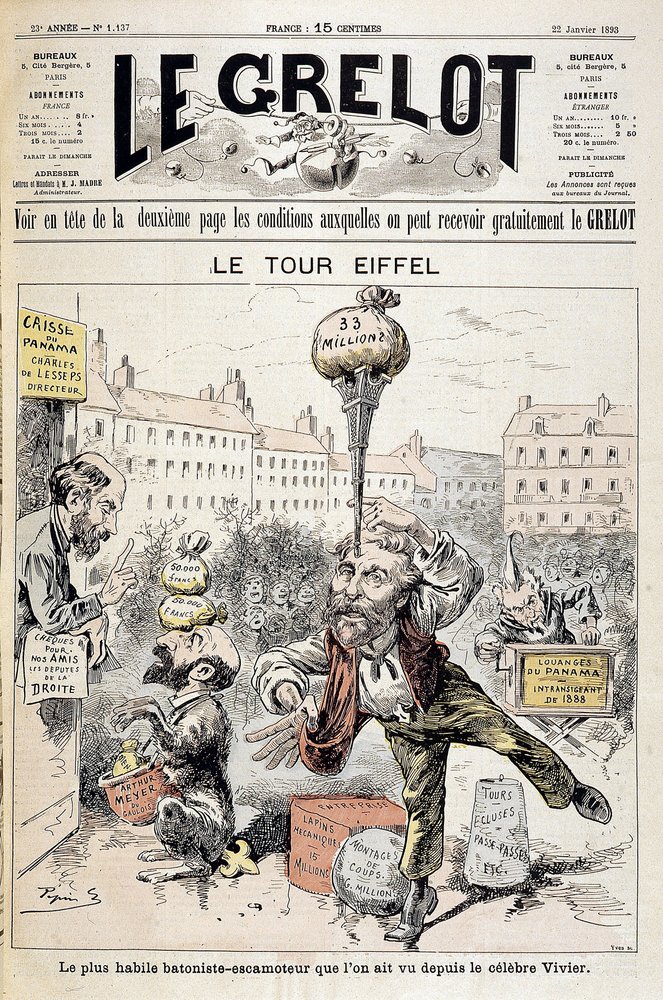 Tecknad film om finansiella skandaler "" Eiffeltornet: den skickligaste batonisten - retractor sett sedan den berömda Vivier"". Omslag "" Le Grelot"" från 22 januari av Edouard Guillaumin Pepin