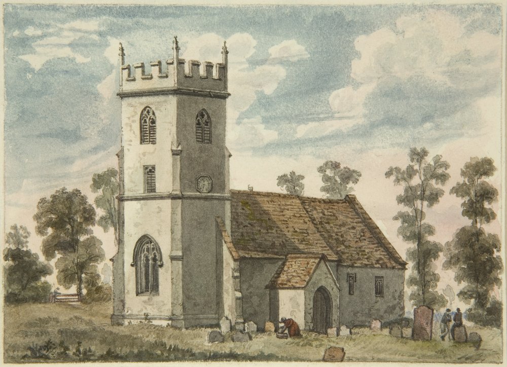 Okänd kyrka, kanske Compton Greenfield, ca 1823 (penna och akvarell på papper) av Edward Cashin
