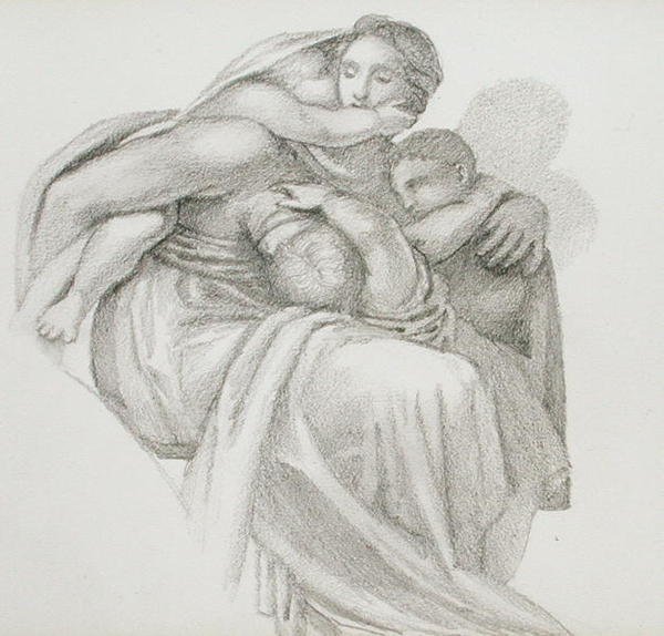 Mor och tre barn (penna på papper) av Edward Coley Burne-Jones