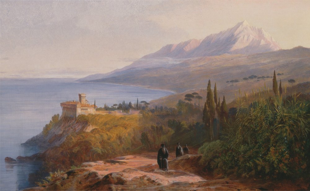 Athos-berget och Stavronikétes-klostret av Edward Lear