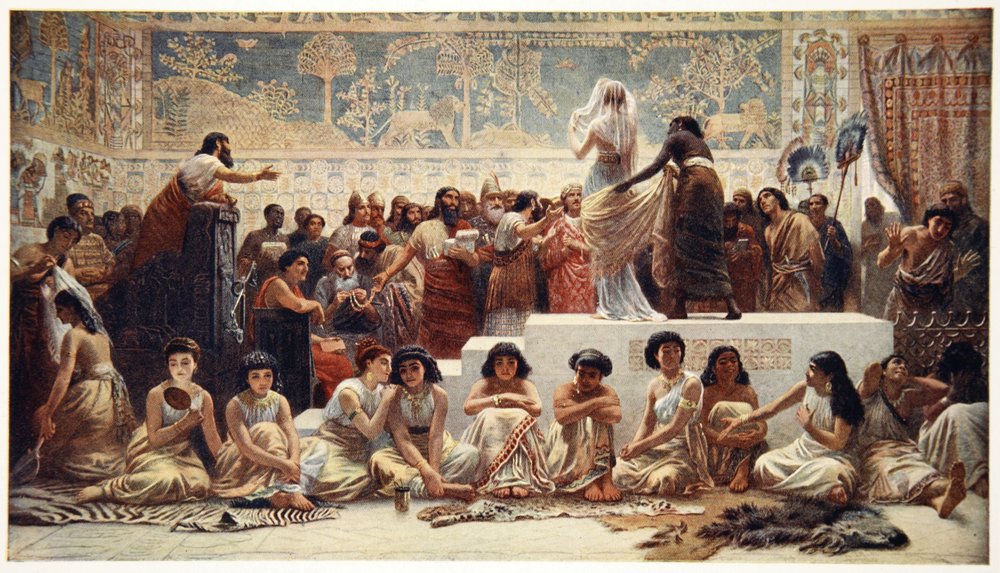 Den babyloniska äktenskapsmarknaden, illustration från "Myths of Babylonia and Assyria" av Donald A. Makenzie av Edwin (after) Long
