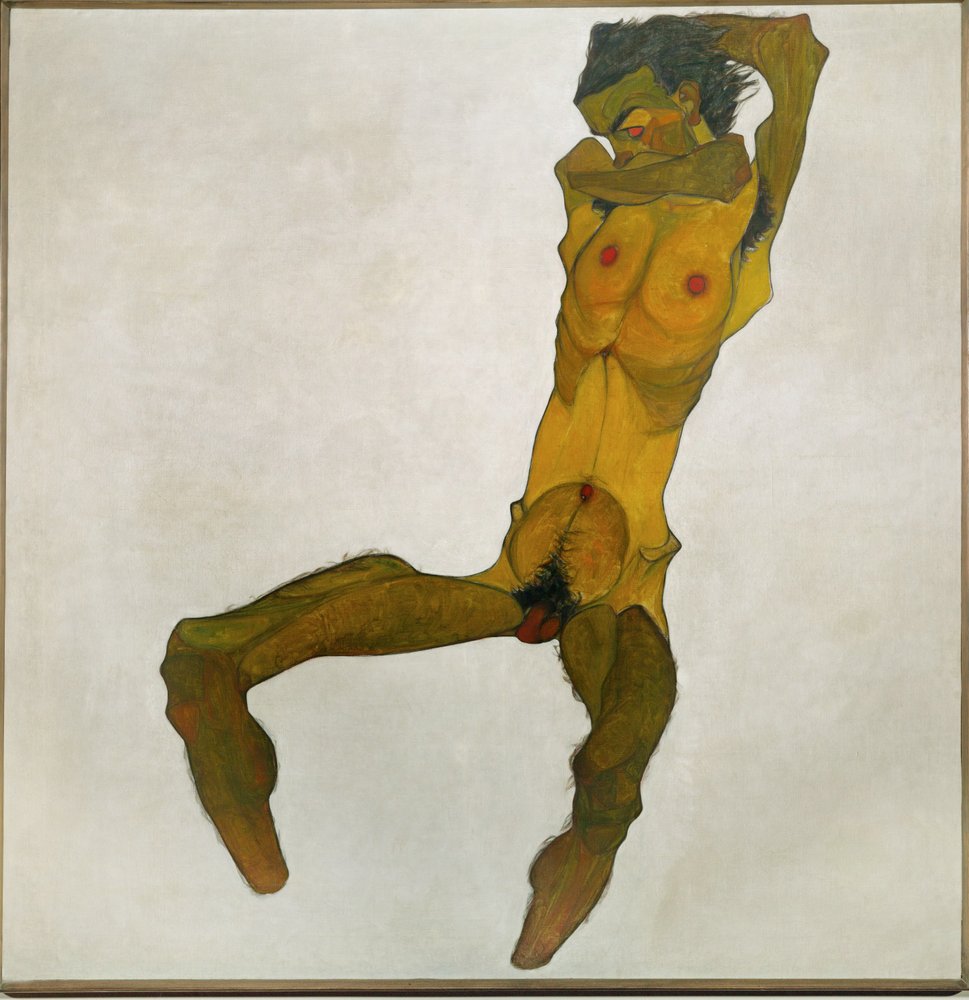 Porträtt, naken (svart krita, akvarell och kroppsfärg på papper) av Egon Schiele
