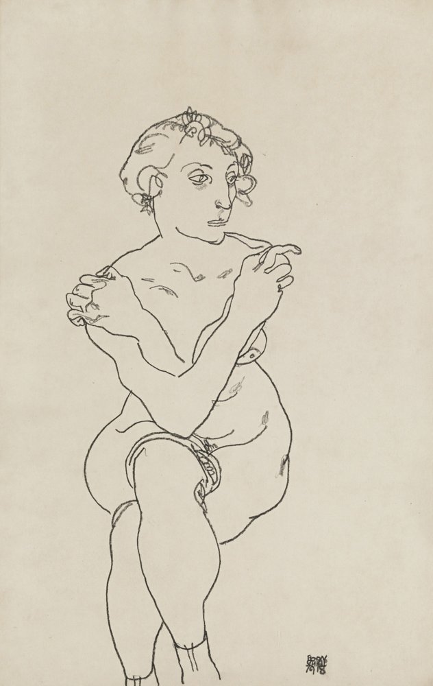 Sittande kvinna naken, armar och ben i kors, 1918 av Egon Schiele