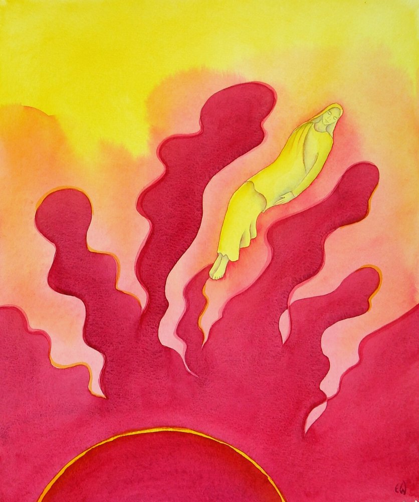 The Assumption of the Blessed Virgin Mary, som lyftes upp till himlen av den helige Ande, 2001 (w/c på papper) av Elizabeth Wang