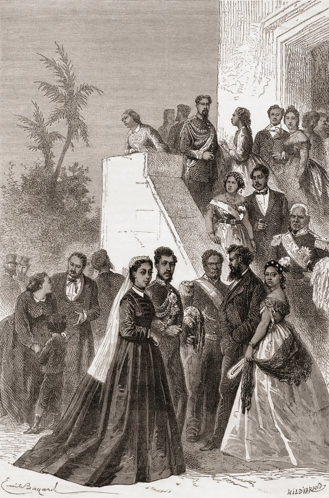 Kamehameha V, mitten, med sin familj, illustration från 