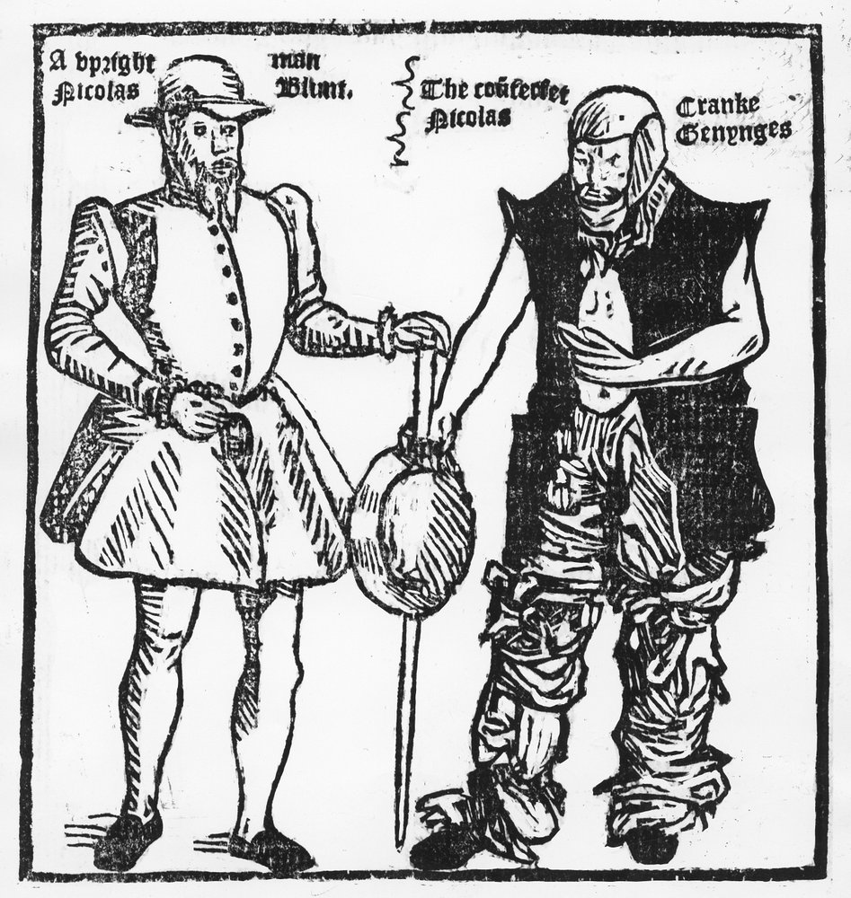 Nicholas Jennings förklädd till både krympling och gängledare, ur "Bedrägerikonstens grunder", 1600-talet av English School