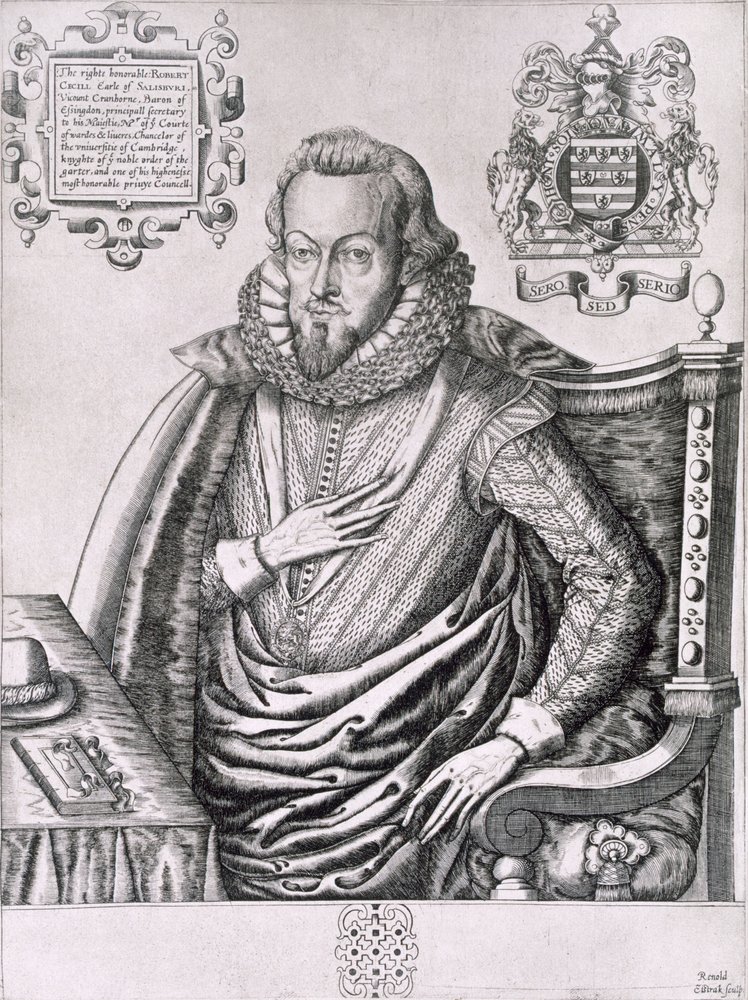 Porträtt av Robert Cecil (1563-1612) 1:e earl av Salisbury, graverad av Renold Elstrack (1571-c.1630) c.1607 av English School