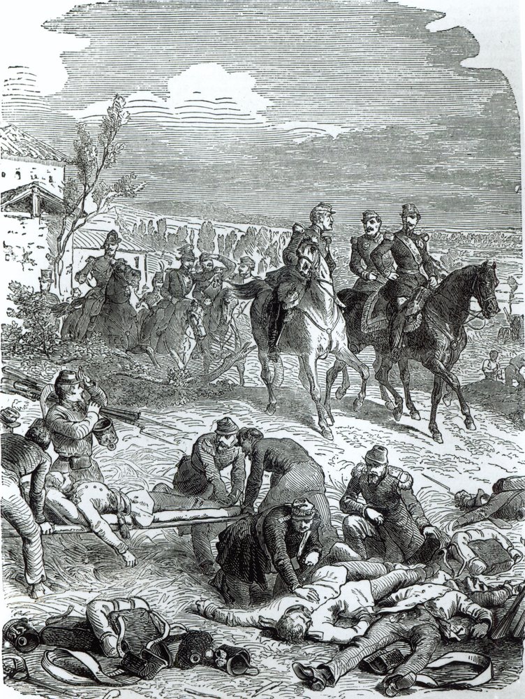 Kejsar Napoleon III på slagfältet vid Solferino, 24 juni 1859 av English School