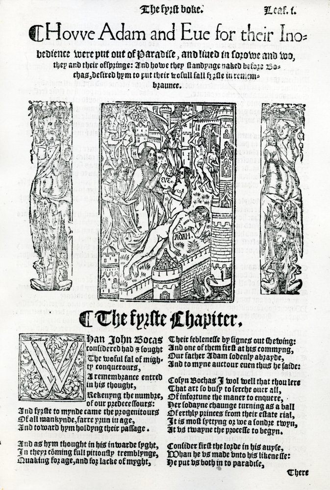 Berättelsen om Adam och Eva från Boccaccios De Casibus Virorum Illustrium, engelsk utgåva från 1527. av English School