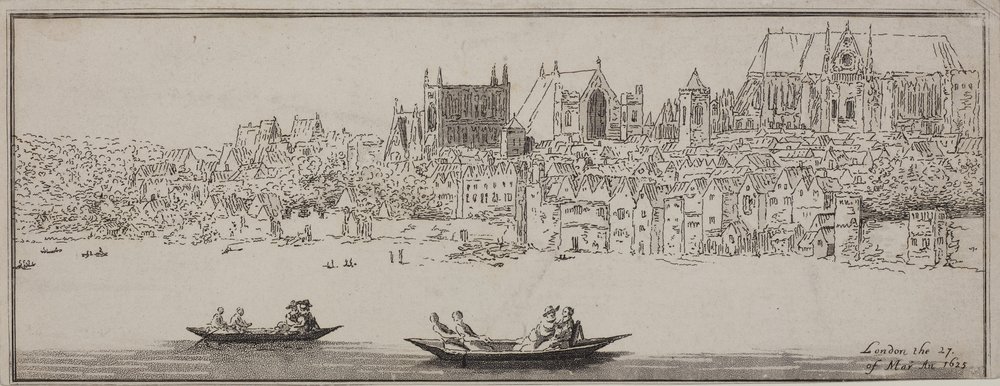 Utsikt över Westminster Abbey och Palace of Westminster från Themsen med båtar i förgrunden, ca 1750 (etsning och akvatint) av English School