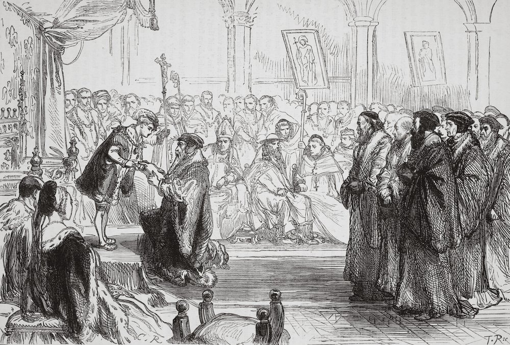 Beza presenterar den franska protestantiska kyrkans bekännelse för kungen vid Poissy-kollektionen, illustration från The History of Protestantism av James Aitken Wylie (1808-1890), pub. 1878 (eng av English School