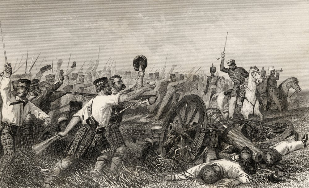 Highlanders anklagelse före Cawnpore under general Havelock, från "The History of the Indian Mytery", publicerad 1858 av English School