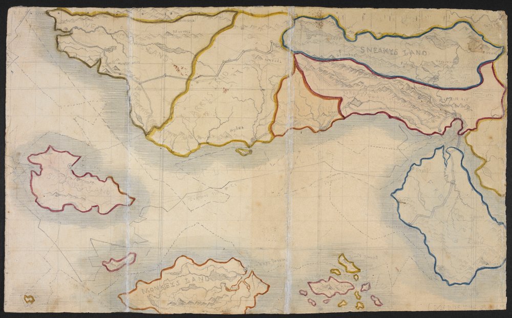 Karta över Verdopolis, eller Glasstaden; ett imaginärt land, illustration från "The History of the Young Men from their First Settlement to the Present Time", av Patrick Branwell Bronte och hans syster, Charlotte (penna med akvarell på papper) av English School