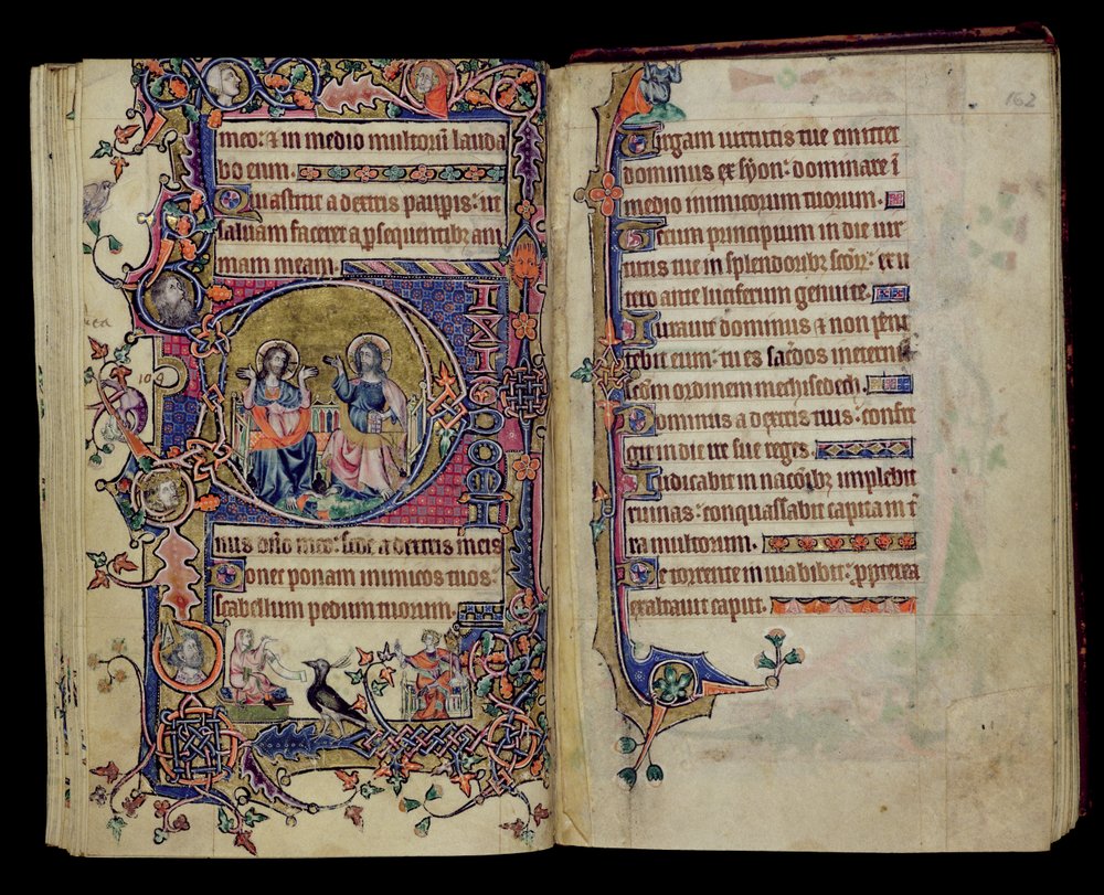 Ms 1-2005, ff.161v-162r: Fadern och Sonen, historisk initial D från Macclesfield Psalter, Use of Sarum, East Anglia, ca 1330 av English School