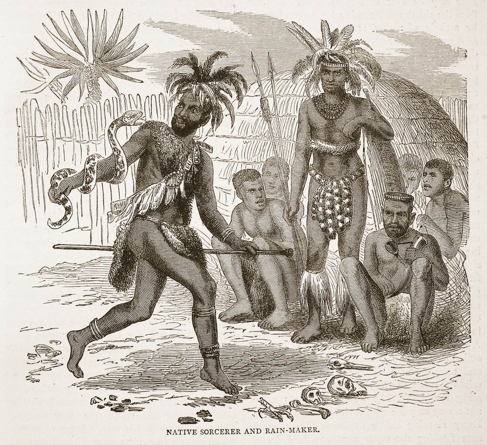 Infödd trollkarl och regnmakare, illustration från The Pictorial Edition av David Livingstones liv och upptäckter av J. Ewing Richie, pub. av A. Fullarton & Co., 1876 av English School