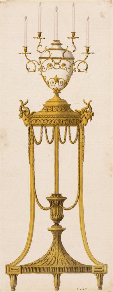 Originaldesign för ett stativ och vas för ljus, från "Works in Architecture", av Robert och J. Adam, 1773 av English School