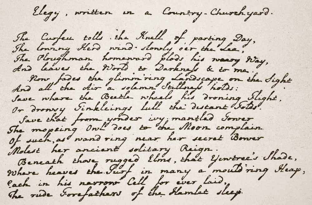 Portion of Greys Elegy, i poeternas handstil, illustration från The Church of England: A History for the People av H.D.M. Spence-Jones, pub. ca 1910 (sepiafoto) av English School