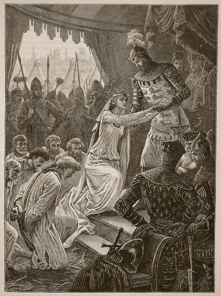 Drottning Philippa går i förbön för Burghess of Calais, illustration från Cassells Illustrated History of England (sepiafoto) av English School