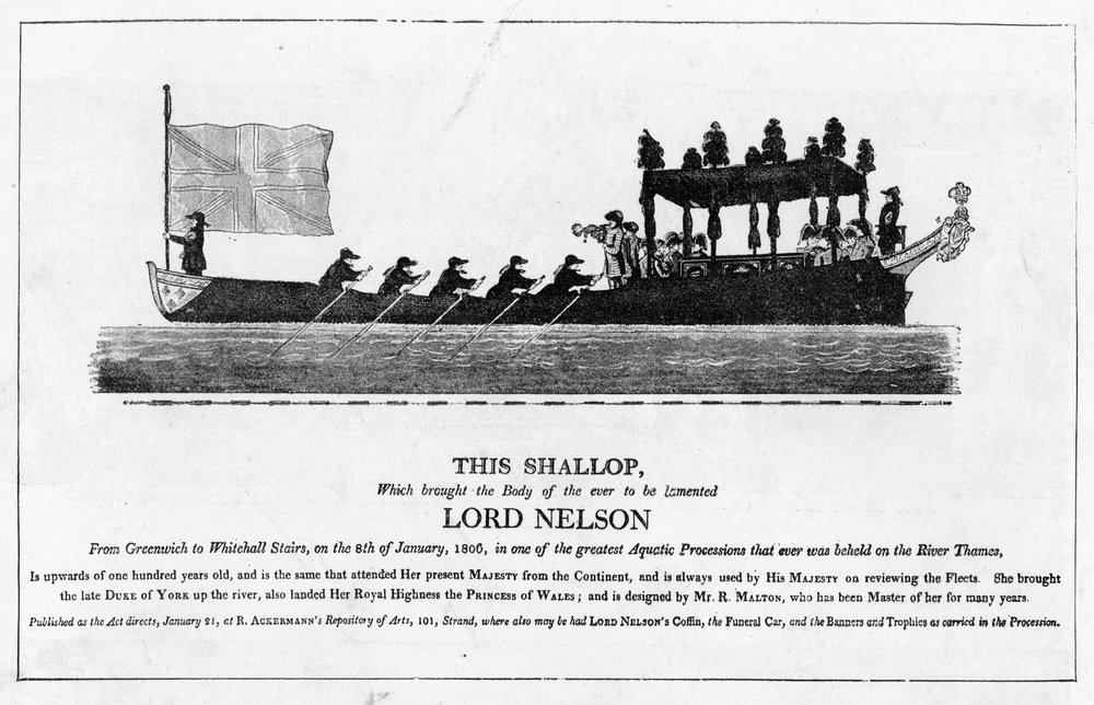 Schalop bär på Lord Nelsons kropp, den 8 januari 1806 från Greenwich till Whitehall Stairs av English School