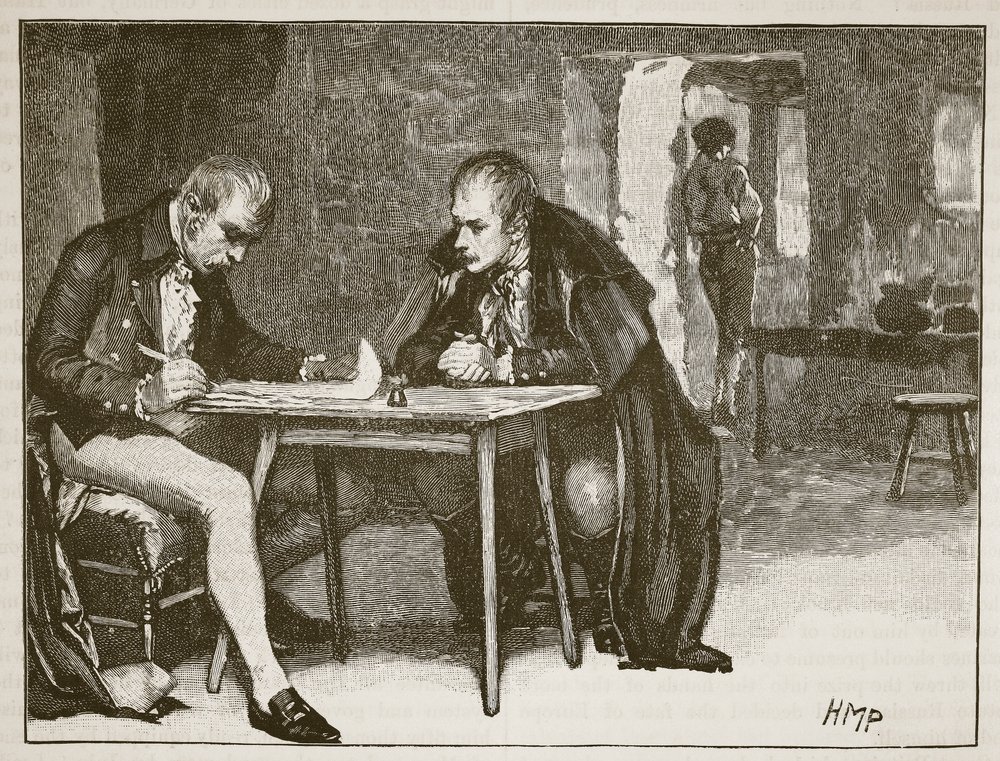 Storbritanniens och Sveriges agenter undertecknar fördraget mot Napoleon, illustration från Cassells Illustrated History of England (sepiafoto) av English School
