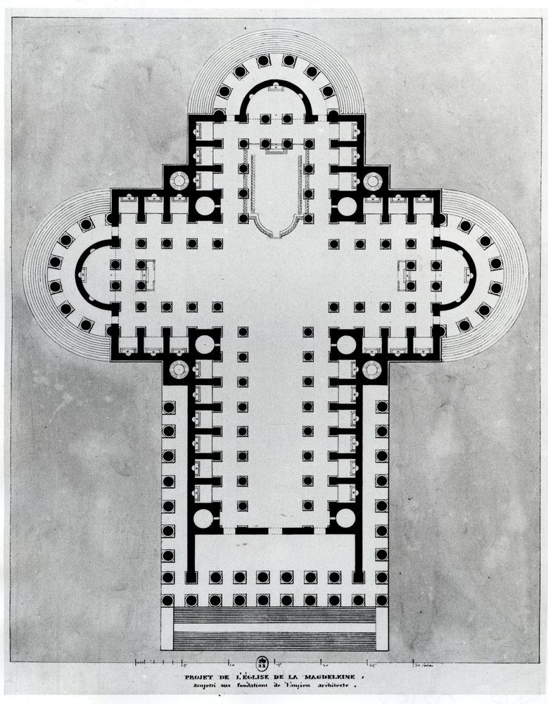 Projekt för Madeleine-kyrkan. Teckning. Arkitektur av Étienne-Louis Boullée (Étienne Louis Boullée), fransk arkitekt (1728-1799). av Etienne Louis Boullee