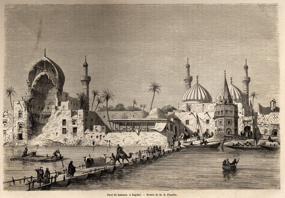 En båtbro i Bagdad, teckning av Eugène Flandin (1809-1876), som illustrerar hans resa till Mesopotamien 1840-1842. Gravyr i ”Le Tour du Monde”, 1861. Selvas samling. av Eugene Flandin