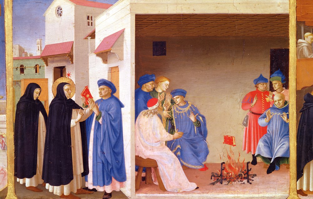 Jungfruns kröning, detalj av St. Dominic som ger tillbaka boken till albigenserna, ca 1430-32 (tempera på panel) av Fra Angelico