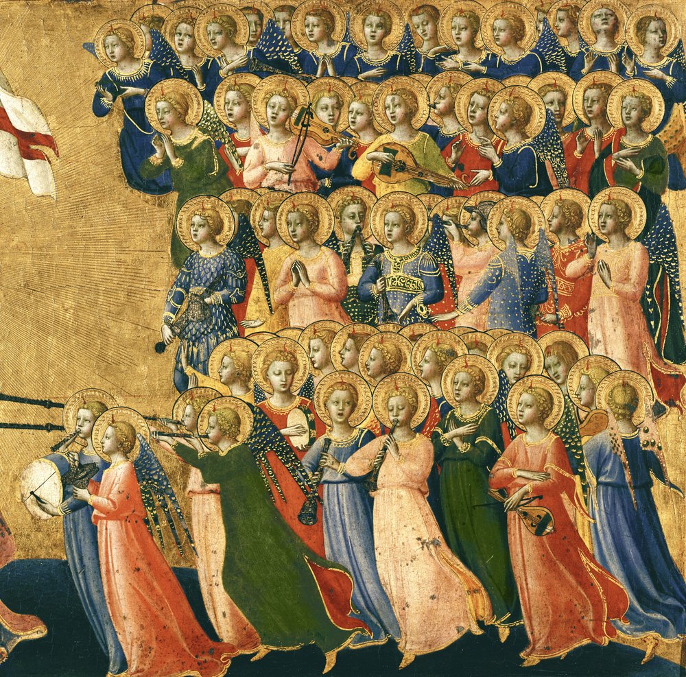 Kristus förhärligad i himlens domstol, detalj av musikänglar från höger sida, 1419-35 (tempera på panel) (detalj av 4052) av Fra Angelico