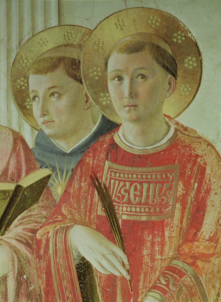 Skuggans madonna, detalj av Sankt Thomas av Aquino och Sankt Laurentius, från korridoren på första våningen (fresk) av Fra Angelico
