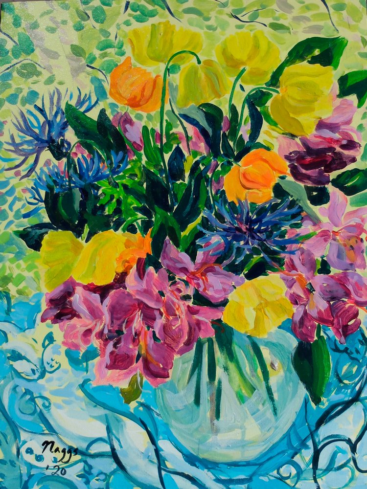 Spring Bouquet (Rhododendron and Welsh Poppies), 2020 (akryl på duk) av Frances Naggs