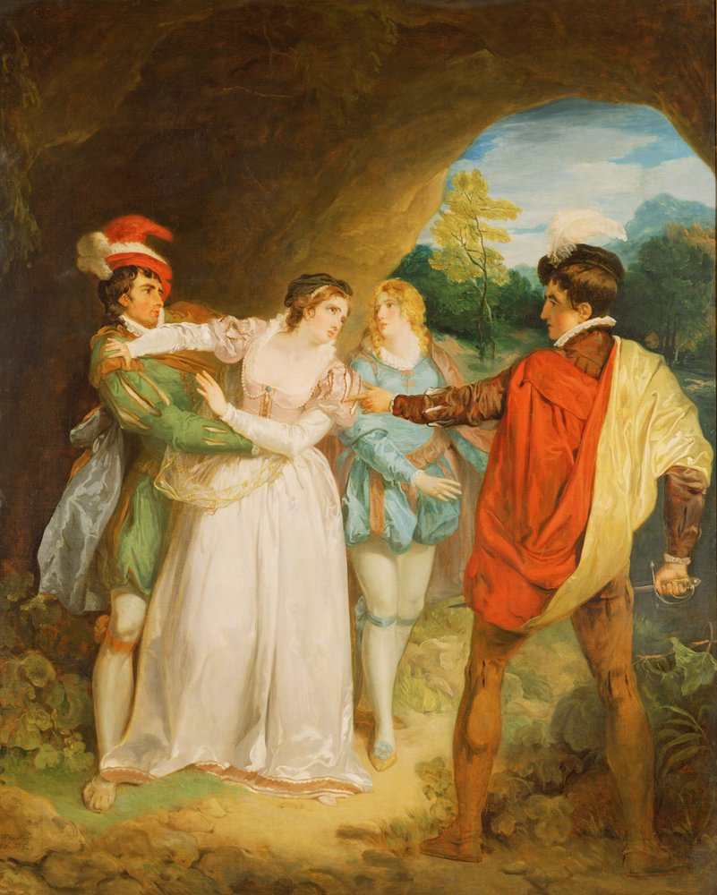 Valentine räddar Silvia från Proteus, från William Shakespeares "The Two Gentlemen of Verona" av Francis Wheatley