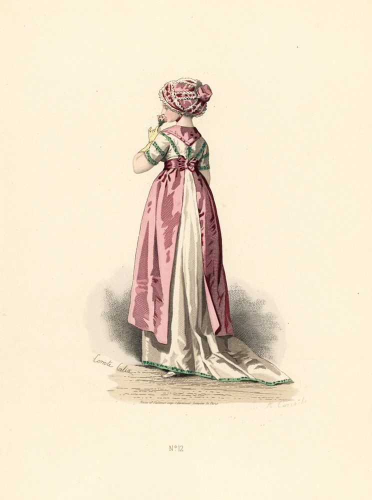 Kvinna i vit klänning och corsage med grön kant, rosa förkläde. av Francois Claudius (after) Compte-Calix