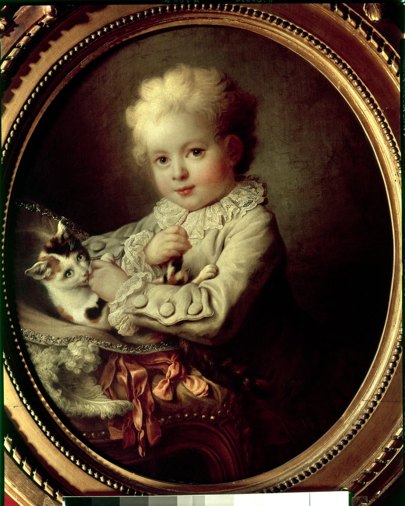 Porträtt av en ung pojke som leker med en katt Målning av Francois Hubert Drouais (1727-1775) 1700-talets Paris, Musée Jacquemart Andre av Francois-Hubert Drouais