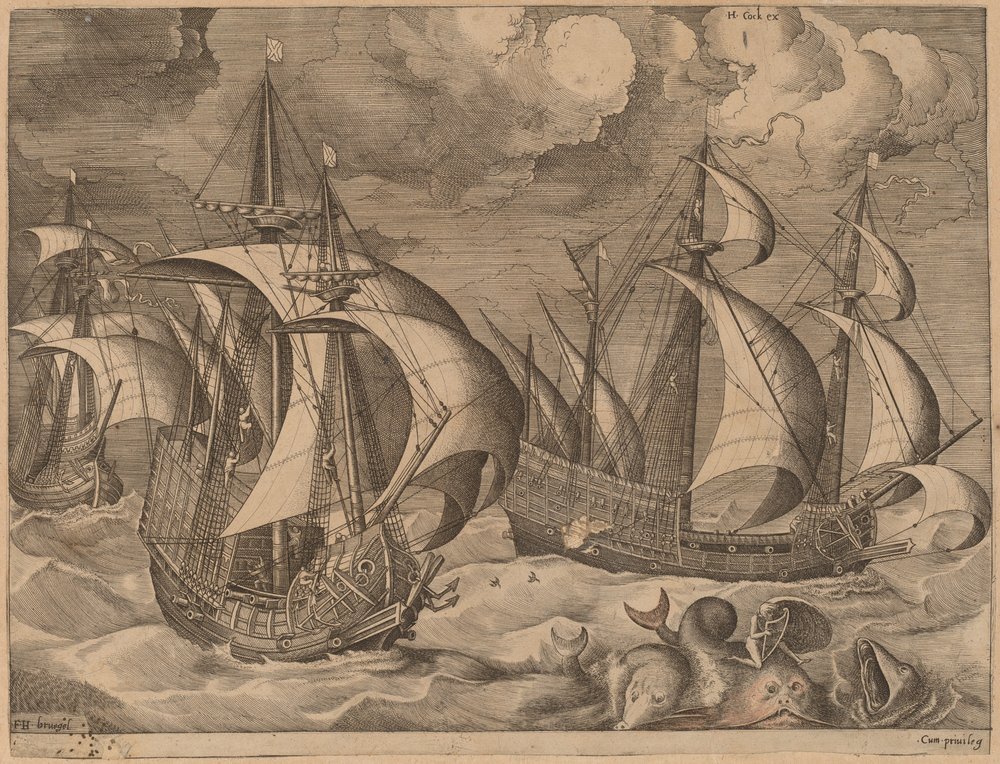 Tre karaveller i ett stigande regn med Adrion på en delfin av Frans Huys after Pieter Bruegel the Elder