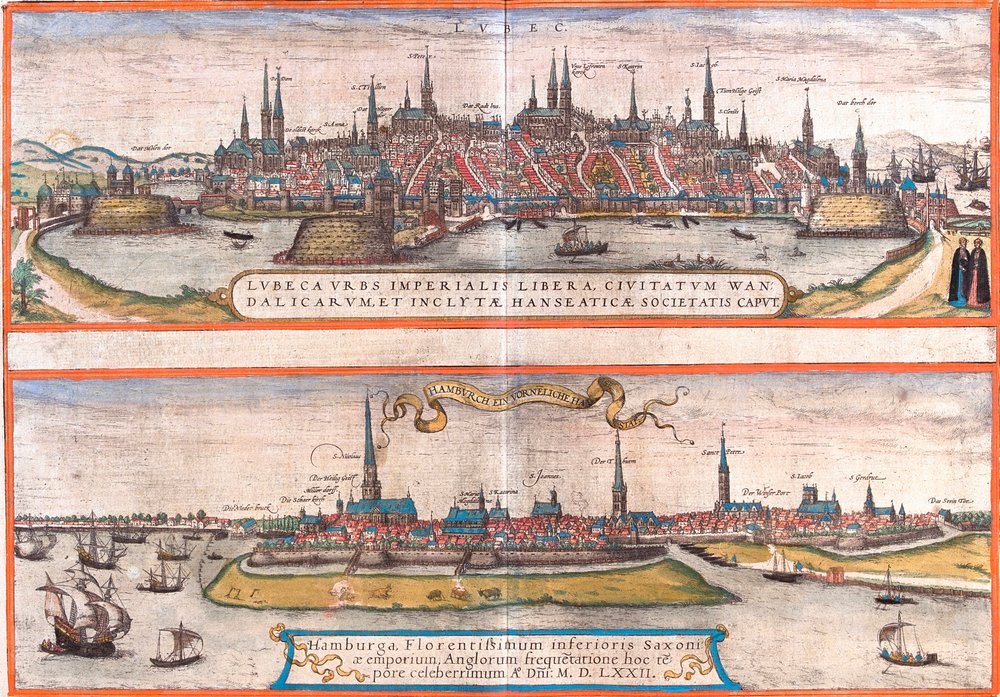 Utsikt över Lubeck (Lubeca) och Hamburg (Hamburga), Tyskland (etsning av Franz Hogenberg