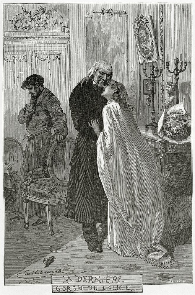 The Last Gorge of Chalice - Illustration från Les Misérables, 1800-talet (bw-gravyr) av Frederic Theodore Lix