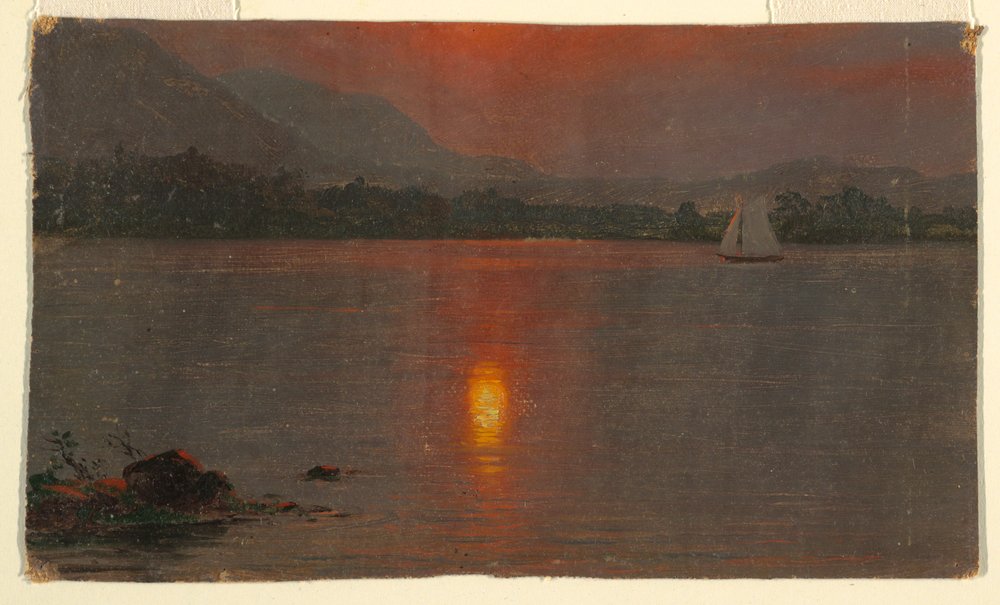Teckning, Lake Millinocket, solnedgång, 1870-80 av Frederic Edwin Church