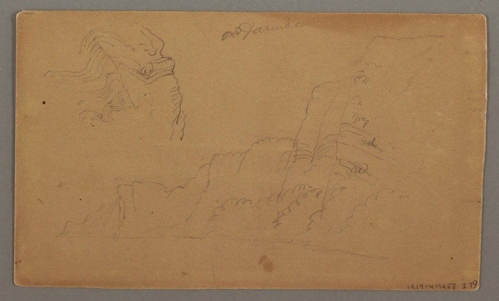 Ritning, timmerhus, två segelbåtar, takstudier, möjligen 1868 av Frederic Edwin Church