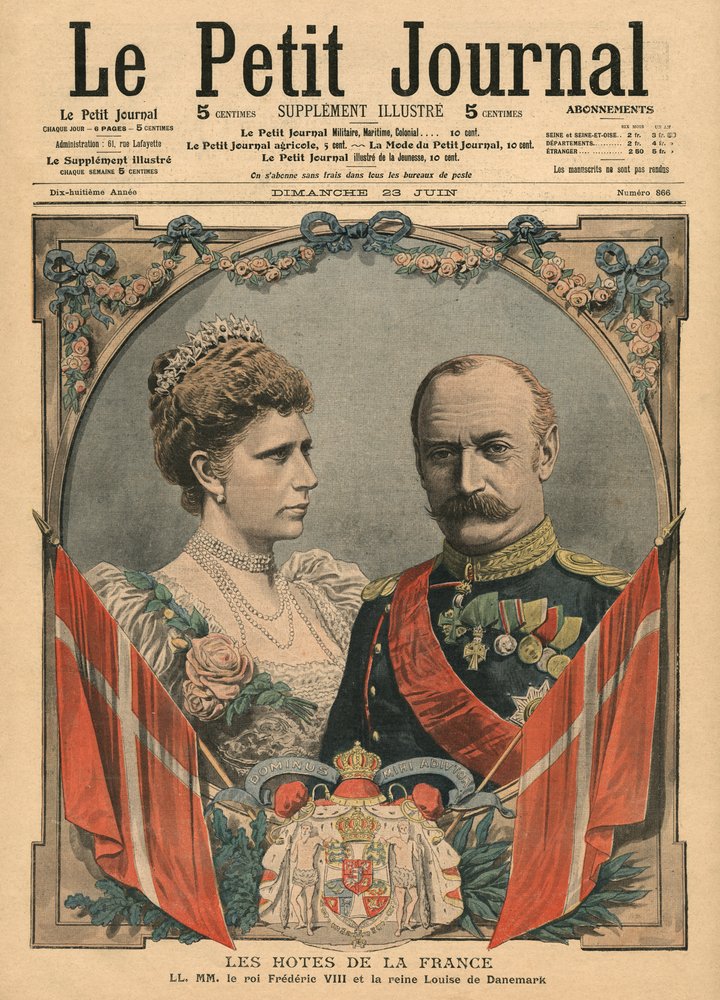 Gäster från Frankrike, kung Fredrik VIII (1843-1912) och drottning Louise (1851-1926) av Danmark, illustration från 