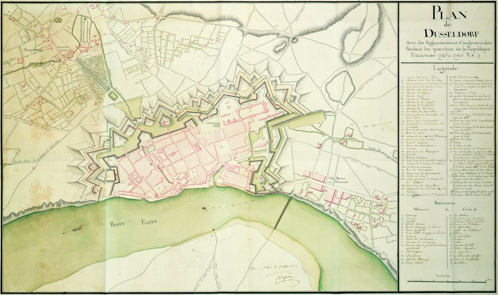 Karta över Düsseldorf, 1797 av French School