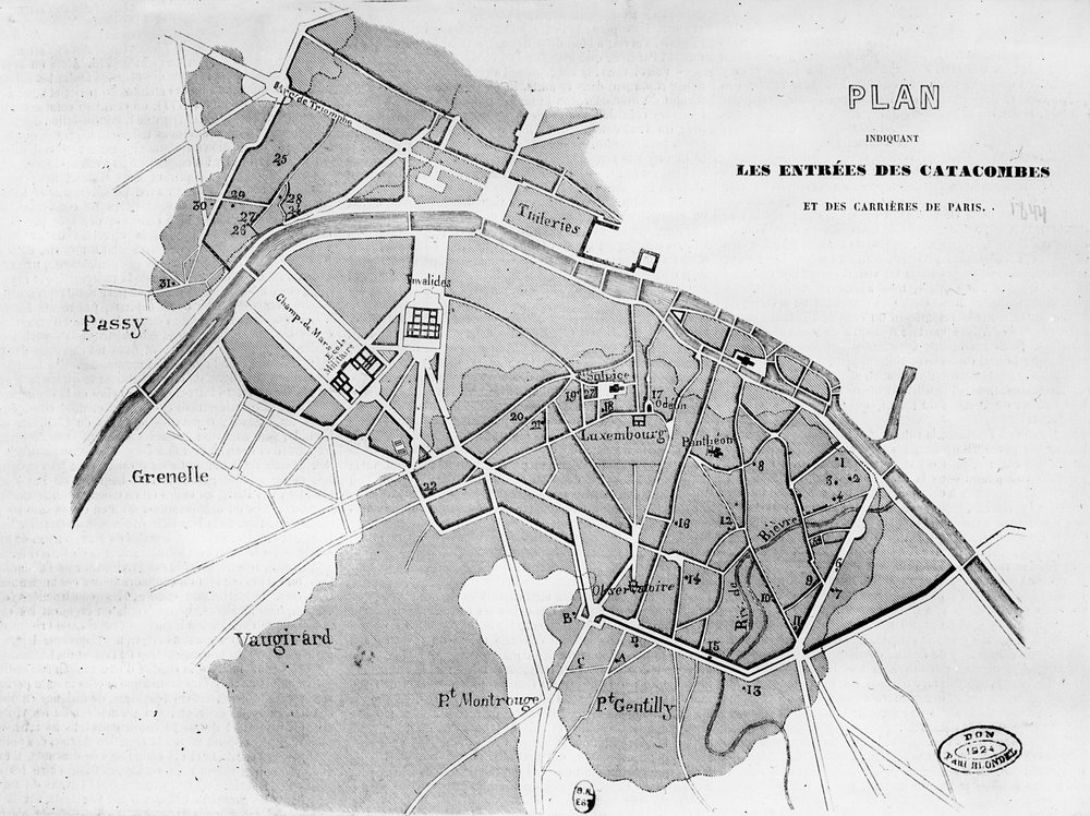 Plan över ingångarna till katakomberna och stenbrotten i Paris, 1844 av French School