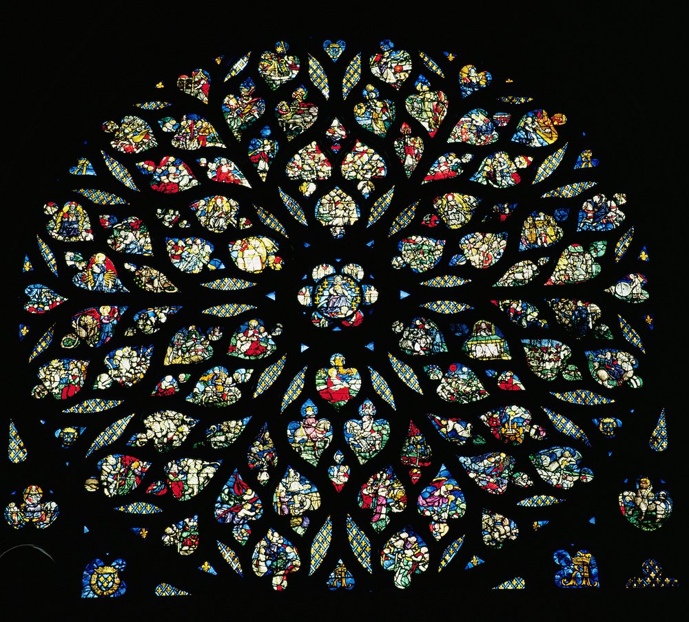 Johannes uppenbarelse, rosenfönster (målat glas) av French School